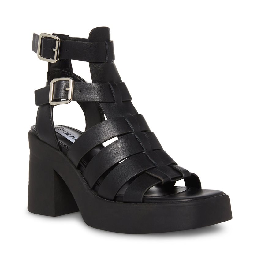 Black Steve Madden Kiona Leather Women's Heels Sandals | PH 9156KWB